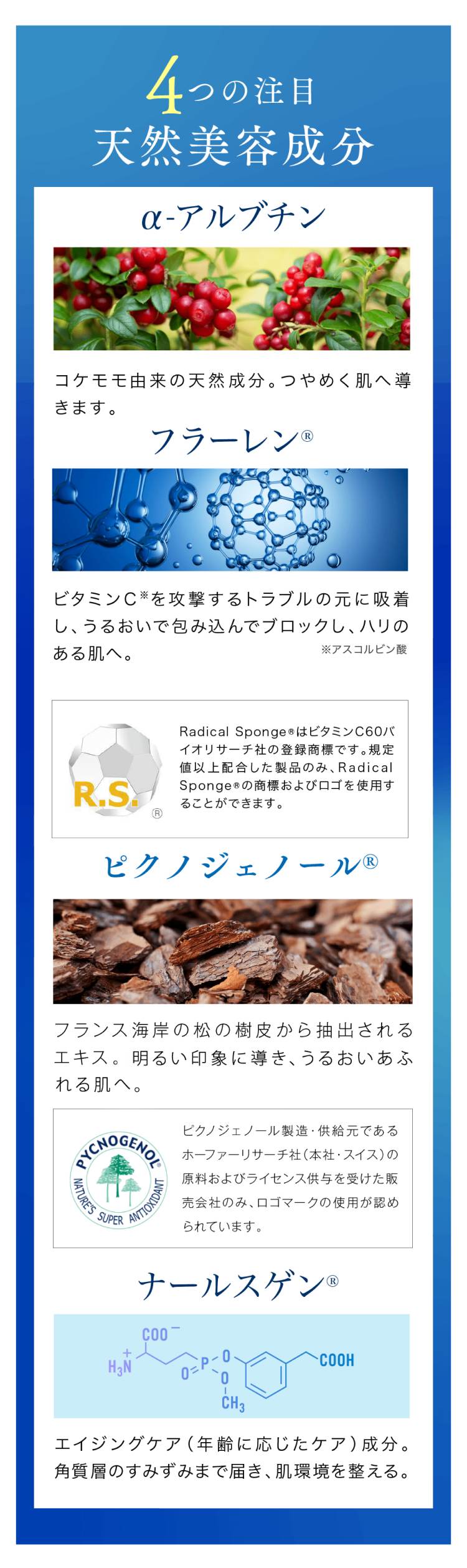 4つの注目天然美容成分　α-アルブチン、フラーレン、ピクノジェノール、ナールスゲン